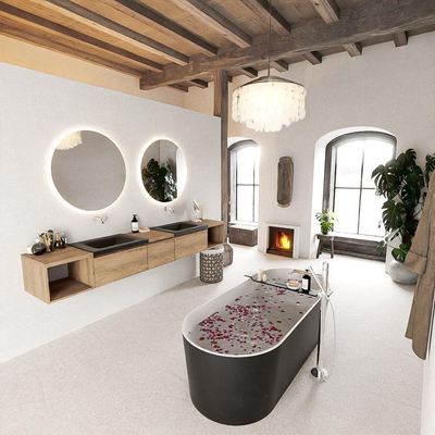 MONDIAZ BUKLA 240cm ensemble de meuble avec module ouvert 40 L+R couleur Chêne blanchi avec 3 tiroirs. Lavabo CLOUD double 0 trou de robinet couleur Urbain.