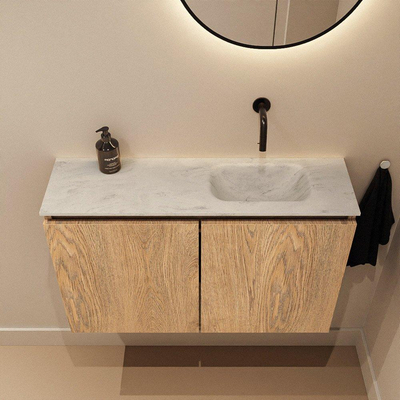 MONDIAZ TURE-DLUX Meuble toilette - 80cm - Washed Oak - EDEN - vasque Opalo - position droite - sans trou de robinet