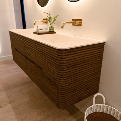 Mondiaz CIRO-DLUX Badkamermeubelset - 150x45x50cm - Solid surface wastafel Meli - 2 wasbak Dubbel - zonder kraangaten - 4 lades - Dusk