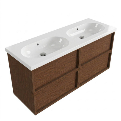 Saniclass Holz Frame Ensemble meuble de salle de bains - 140x45x63.5cm - lavabo Palermo en céramique blanc - 2 vasques - sans trous de robinetterie - 4 tiroirs - walnut pure mat (bois)