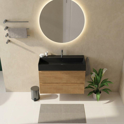 Saniclass Holz Atelier Badkamermeubelset - 100x45x72cm - Legend keramische wastafel mat zwart - 1 wasbak - 1 kraangat - 2 lades - mat eiken natural (hout)