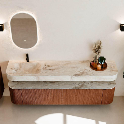 MONDIAZ THOR-DLUX 200cm meuble de salle de bains arrondi gauche + droite couleur Ruby avec 2 tiroirs et 2 portes. Vasque suspendue CLOUD Gauche 1 trou de robinet couleur Frappe.