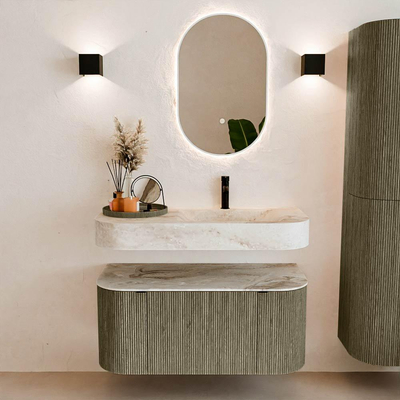 MONDIAZ THOR-DLUX 100cm meuble de salle de bains arrondi gauche + droite couleur Shadow avec 1 tiroir et 2 portes. Vasque suspendue CLOUD Droite 1 trou de robinet couleur Frappe.