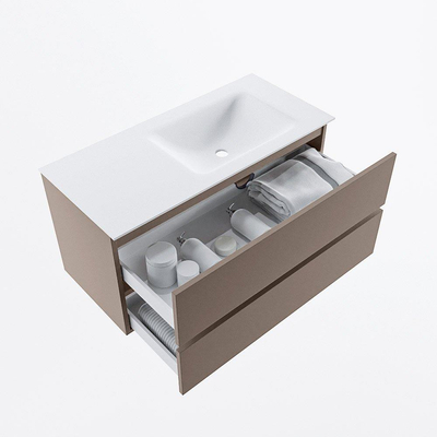 Mondiaz VICA ensemble de meuble de salle de bain - 100cm - meuble sous-vasque fumée - 2 tiroirs - lavabo nuage droite - 1 trou de robinet - version haute 60cm - talc