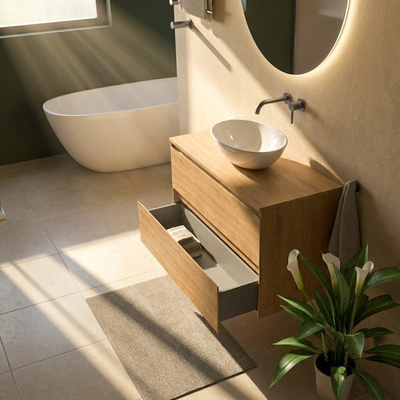 Saniclass Holz Pure Ensemble de meubles de salle de bains - 100x45x62cm - plan en bois - sans trou de robinetterie - 2 tiroirs - chêne natural mat (bois)