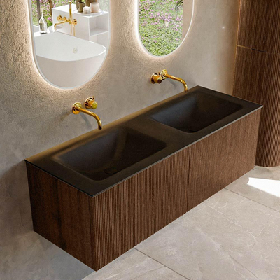 MONDIAZ KURVE 130cm badmeubel kleur Walnut met 2 lades. Wastafel CLOUD dubbel zonder kraangat Urban.