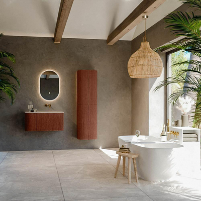 MONDIAZ KURVE-DLUX Meuble de salle de bains 85cm arrondi à gauche couleur Ruby avec 1 tiroir et 1 porte. Lavabo CLOUD à droite sans trou de robinet Nata.