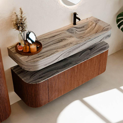 MONDIAZ THOR-DLUX 140cm meuble de salle de bains arrondi gauche + droite couleur Ruby avec 1 tiroir et 2 portes. Vasque suspendue CLOUD Droite 1 trou de robinet couleur Sombra.