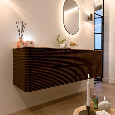 Mondiaz CIRO-DLUX Ensemble de meubles de salle de bains - 160x45x50cm - Plan vasque Solid surface Arena - 1 lavabo à droite - sans trous de robinet - 4 tiroirs - Noyer