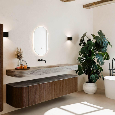 MONDIAZ THOR-DLUX Meuble de salle de bains - 190cm - arrondi gauche + droite - couleur Walnut - 2 tiroirs et 2 portes - Vasque suspendue CLOUD Milieu sans trou de robinet - couleur Oza