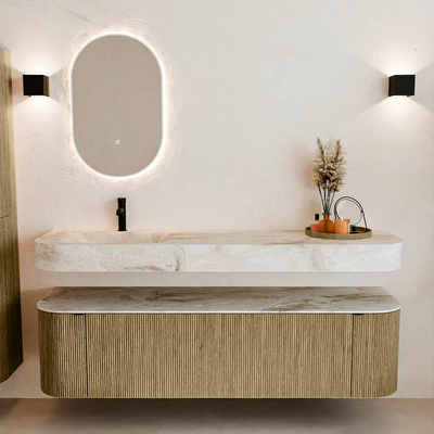 MONDIAZ THOR-DLUX Meuble de salle de bains 170cm arrondi gauche + droite couleur Dusk avec 1 tiroir et 2 portes. Vasque suspendue CLOUD Gauche 1 trou de robinet couleur Frappe.