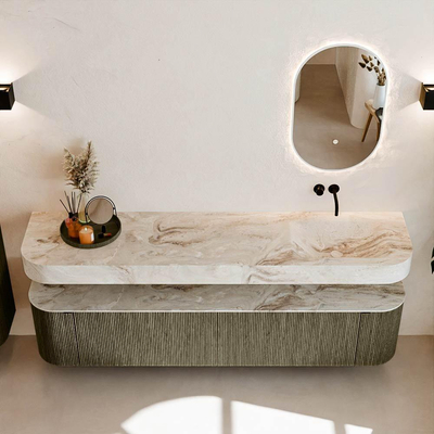 MONDIAZ THOR-DLUX Meuble de salle de bains 200cm arrondi gauche + droite couleur Shadow avec 2 tiroirs et 2 portes. Vasque suspendue CLOUD Droite sans trou de robinet couleur Frappe.