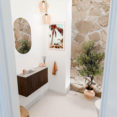 Mondiaz JOYA-DLUX 81.6cm toiletmeubel - ronding rechts kleur Walnut - Wastafel FAYE positie Links 1 kraangat kleur Glace.