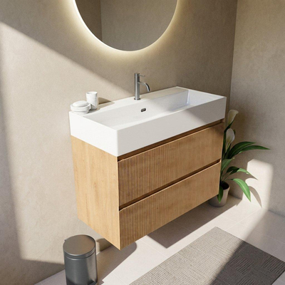 Saniclass Holz Atelier Ensemble meuble de salle de bains - 100x45x72cm - Legend lavabo en céramique blanc - 1 vasque - 1 trou de robinet - 2 tiroirs - chêne natural mat (bois)
