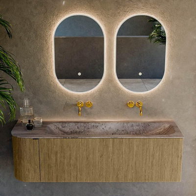 MONDIAZ KURVE-DLUX 145cm meuble de salle de bains arrondi Gauche couleur Dusk avec 1 tiroir et 1 porte. Lavabo BIG LARGE Droite sans trou de robinet Oza.