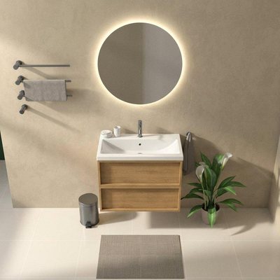 Saniclass Holz Frame Ensemble de meubles de salle de bains - 80x45x63.5cm - Lavabo en céramique Bari blanc - 1 vasque - 1 trou de robinetterie - 2 tiroirs - chêne naturel mat (bois)