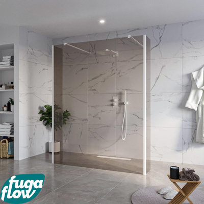FugaFlow Eccelente Vetro Douche à l'italienne libre - 160x200cm - Verre fumé - anti-calcaire - verre de sécurité 8mm - 2 parois latérales 40cm - avec bras muraux et profils d'angle - Blanc mat -