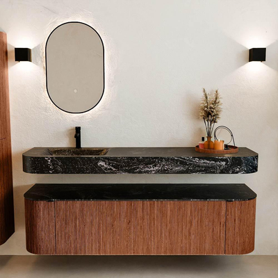 MONDIAZ THOR-DLUX 170cm meuble de salle de bains arrondi gauche + droite couleur Ruby avec 1 tiroir et 2 portes. Vasque suspendue CLOUD Gauche 1 trou de robinet couleur Lava.