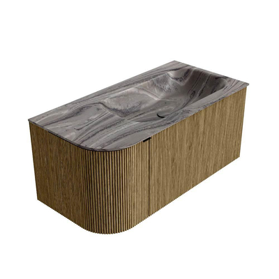 MONDIAZ KURVE-DLUX meuble de salle de bains 95cm arrondi gauche couleur Dusk avec 1 tiroir et 1 porte. Lavabo BIG SMALL à droite 1 trou de robinet Sombra.