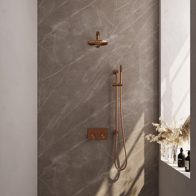 BRAUER Copper Edition Thermostatische Regendouche inbouw - drukknoppen - SET 61 - 20cm hoofddouche - rechte muurarm - staaf handdouche - doucheslang - geïntegreerde glijstang - koper geborsteld PVD
