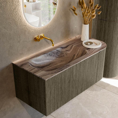 MONDIAZ KURVE-DLUX Meuble de salle de bains 105 cm arrondi à droite couleur Shadow avec 1 tiroir et 1 porte. Lavabo BIG SMALL gauche sans trou de robinet Sombra.