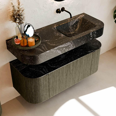 MONDIAZ THOR-DLUX 120cm meuble de salle de bains arrondi gauche + droite couleur Shadow avec 1 tiroir et 2 portes. Vasque suspendue CLOUD droite sans trou de robinet couleur Lava.