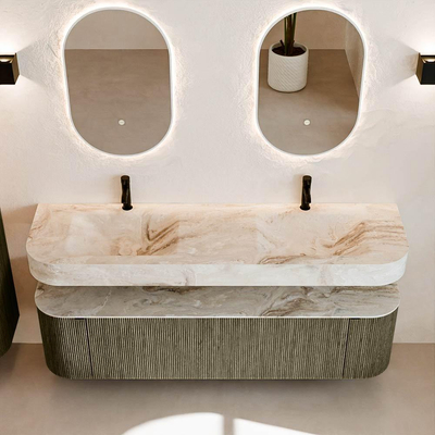 MONDIAZ THOR-DLUX 170cm meuble de salle de bains arrondi gauche + droite couleur Shadow avec 1 tiroir et 2 portes. Vasque suspendue CLOUD Double 2 trous de robinet couleur Frappe.