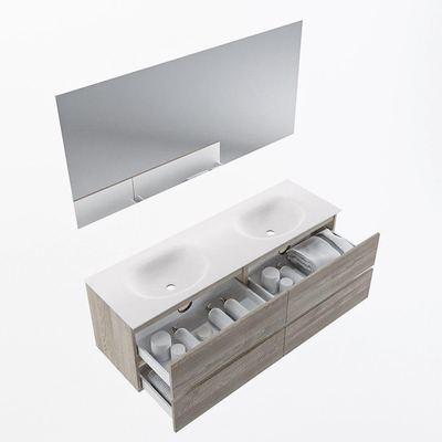 Mondiaz VICA ensemble de meuble de salle de bain - 150cm - meuble sous-vasque marron clair gris - 4 tiroirs - lavabo lune double - 2 trous de robinet - couleur talc - miroir LED - version XL 60cm de haut