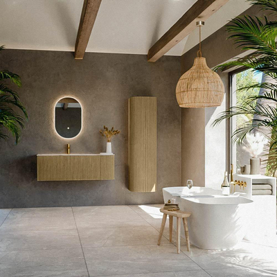 MONDIAZ KURVE-DLUX meuble de salle de bains 125 cm arrondi à droite couleur Dusk avec 1 tiroir et 1 porte. Lavabo BIG MEDIUM à gauche 1 trou de robinet Nata.