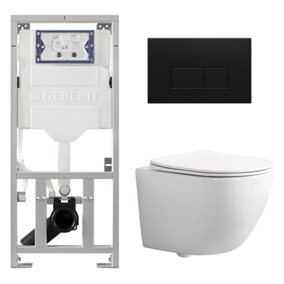 QeramiQ Dely Swirl Compact Toiletset - inbouwreservoir Geberit UP320 - met Burda frame - slim zitting - metalen bedieningsplaat mat zwart - rechthoekige knoppen - glans wit