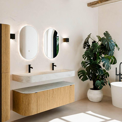 MONDIAZ THOR-DLUX 140cm meuble de salle de bains arrondi gauche + droite couleur Oak avec 1 tiroir et 2 portes. Vasque suspendue CLOUD Double 2 trous de robinet couleur Opalo.