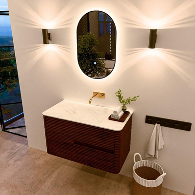 Mondiaz CIRO-DLUX Badkamermeubelset - 90x45x50cm - Solid surface wastafel Opalo - 1 wasbak Midden - zonder kraangaten - 2 lades - Ruby