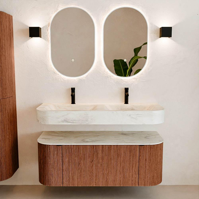 MONDIAZ THOR-DLUX 120cm meuble de salle de bains arrondi gauche + droite couleur Ruby avec 1 tiroir et 2 portes. Vasque suspendue CLOUD Double 2 trous de robinet couleur Ostra.