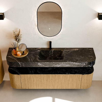 MONDIAZ THOR-DLUX 170cm meuble de salle de bains arrondi gauche + droite couleur Oak avec 1 tiroir et 2 portes. Vasque suspendue CLOUD Milieu 1 trou de robinet couleur Lava.