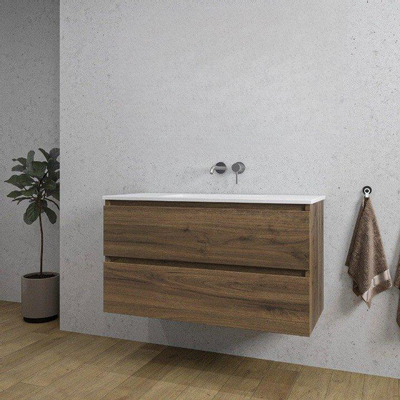 Adema Chaci Ensemble de meuble 101x46x57cm avec 2 tiroirs sans poignée vasque en céramique blanche sans trou de robinet Noyer