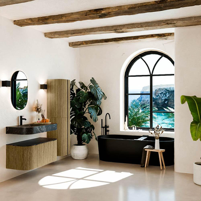 MONDIAZ THOR-DLUX 100cm meuble de salle de bains arrondi gauche + droite couleur Dusk avec 1 tiroir et 2 portes. Vasque suspendue CLOUD Gauche 1 trou de robinet couleur Lava.