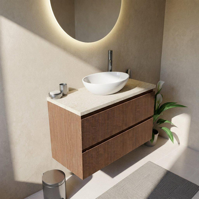 Saniclass Holz Atelier Ensemble meuble de salle de bains - 100x45x63cm - Plan en pierre naturelle travertin - 1 trou de robinet - 2 tiroirs - walnut pure mat (bois)