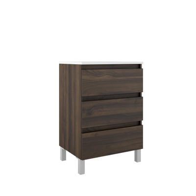 Saniclass Chaci PLUS Ensemble meuble de salle de bains - 60x86x46cm - lavabo en céramique blanc - 1 vasque ovale - 1 trou de robinet - 3 tiroirs - miroir rectangulaire - noyer (bois)