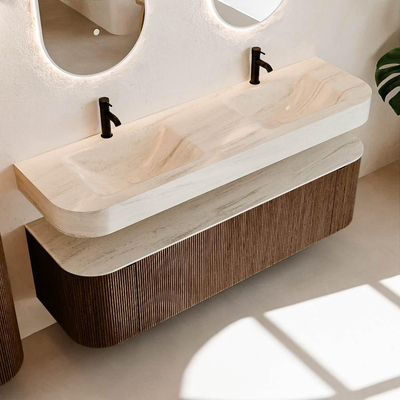 MONDIAZ THOR-DLUX 160cm meuble de salle de bains arrondi gauche + droite couleur Walnut avec 1 tiroir et 2 portes. Vasque suspendue CLOUD Double 2 trous de robinet couleur Meli.