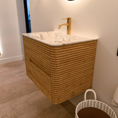 Mondiaz CIRO-DLUX Ensemble de meubles de salle de bains - 70x45x50cm - lavabo solid surface Glace - 1 vasque au milieu - 1 trou de robinet - 2 tiroirs - Chêne
