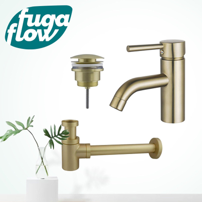 FugaFlow Eccelente Sobrado Badkamer Wastafelkraanset - lage wastafelkraan - klikwaste plug - verlaagde design sifon - PVD Geborsteld Messing