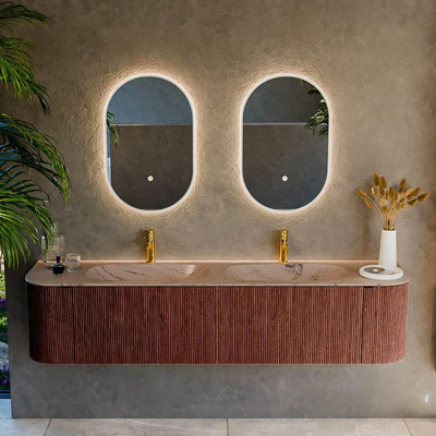 MONDIAZ KURVE-DLUX Meuble de salle de bains 190cm arrondi Gauche + Droite couleur Ruby avec 2 tiroirs et 2 portes. Lavabo STOR SMALL Double 2 trous de robinet Arena.
