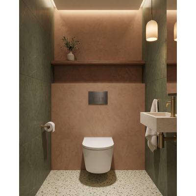 QeramiQ Dely Toiletset - 36.3x51.7cm - diepspoel - rimless - Geberit UP320 inbouwreservoir - met Burda frame - softclose toilet zitting - 35mm - gunmetal bedieningsplaat - rechthoekige knoppen - glans wit