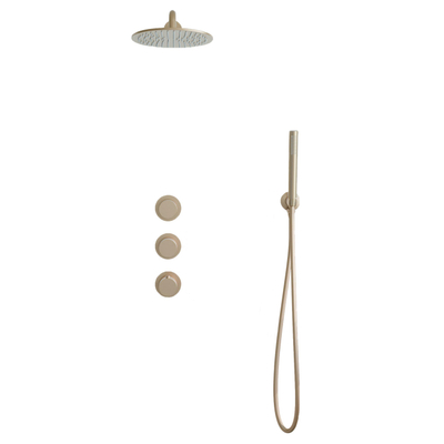 Fortifura Nebbio Ensemble de douche pluie - mitigeur encastré - élément encastré - coude mural de raccordement - flexible de douche lisse - douchette à main barre - bras mural 35cm - pomme de douche ronde - laiton brossé PVD (or)