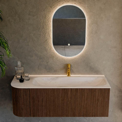 MONDIAZ KURVE-DLUX meuble de salle de bain 125 cm arrondi à gauche couleur noyer avec 1 tiroir et 1 porte. Lavabo BIG MEDIUM à droite 1 trou de robinet Meli.