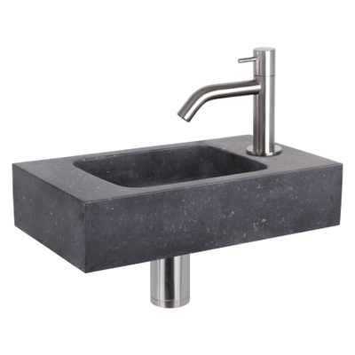Differnz Force kit lave-mains - 40x22x9cm - Rectangulaire - 1 trou de robinet - Robinet courbé en chrome mat - Pierre naturelle noire