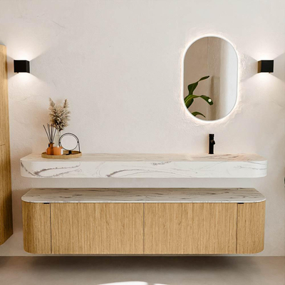 MONDIAZ THOR-DLUX 190cm meuble de salle de bains arrondi gauche + droite couleur Oak avec 2 tiroirs et 2 portes. Vasque suspendue CLOUD Droite 1 trou de robinet couleur Nata.