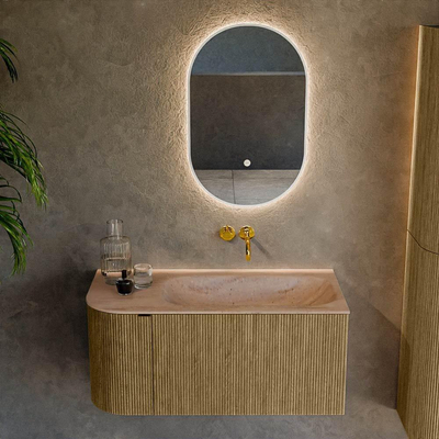 MONDIAZ KURVE-DLUX Meuble de salle de bains 95cm arrondi à gauche couleur Dusk avec 1 tiroir et 1 porte. Lavabo BIG SMALL à droite sans trou de robinet Saba.