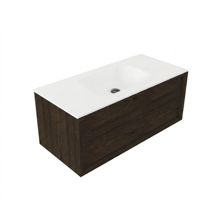 Saniclass Holz Frame Ensemble meuble de salle de bains - 100x45x41.5cm - Vasque Flow en solid surface blanc - 1 vasque - sans trou de robinet - 1 tiroir - chêne charcoal mat (bois)