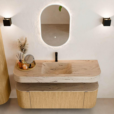 MONDIAZ THOR-DLUX 140cm meuble de salle de bains arrondi gauche + droite couleur Oak avec 1 tiroir et 2 portes. Vasque suspendue CLOUD Milieu 1 trou de robinet couleur Arena.